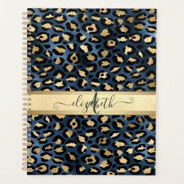 Agenda Padrão de Leopardo Monograma Azul Dourado