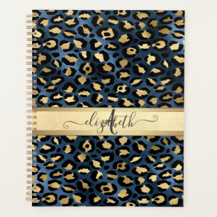 Agenda Padrão de Leopardo Monograma Azul Dourado