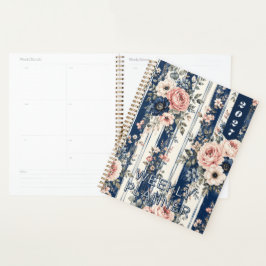 Agenda Padrão de Listra Floral Azul Marinho Aquarela de S