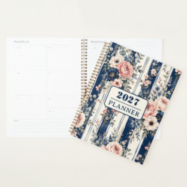 Agenda Padrão de Listra Floral Azul Marinho de Texto Pers