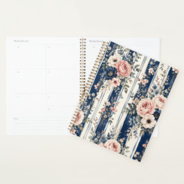 Agenda Padrão de Listra Floral Azul Marinho em Aquarela
