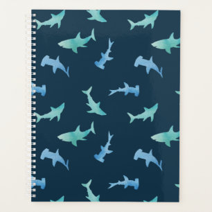 Agenda Padrão de Silhuetas de Tubarão Nadando em Aquarela