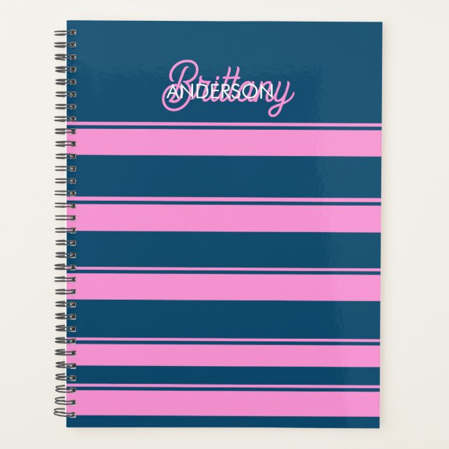 Agenda Padrão de Stripes Azul e Rosa Personalizado (Frente)