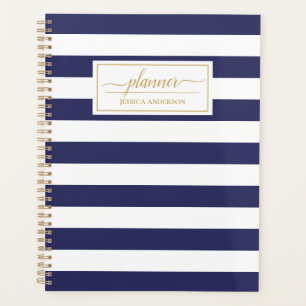 Agenda Padrão de Stripes Brancas Azul do Marinho Elegante