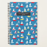 Agenda Padrão de veleiros<br><div class="desc">Padrão com ilustração de veleiros vermelhos e amarelos sobre fundo azul. Personalize o texto na frente.</div>