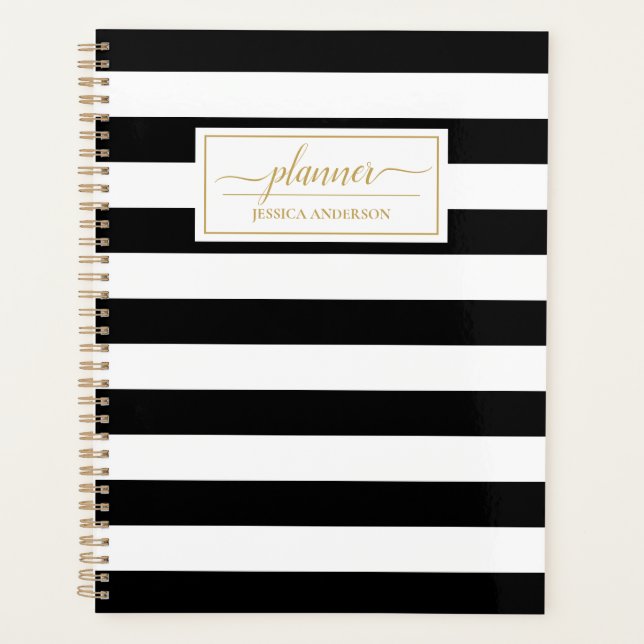 Agenda Padrão Elegante Black White Stripes (Frente)