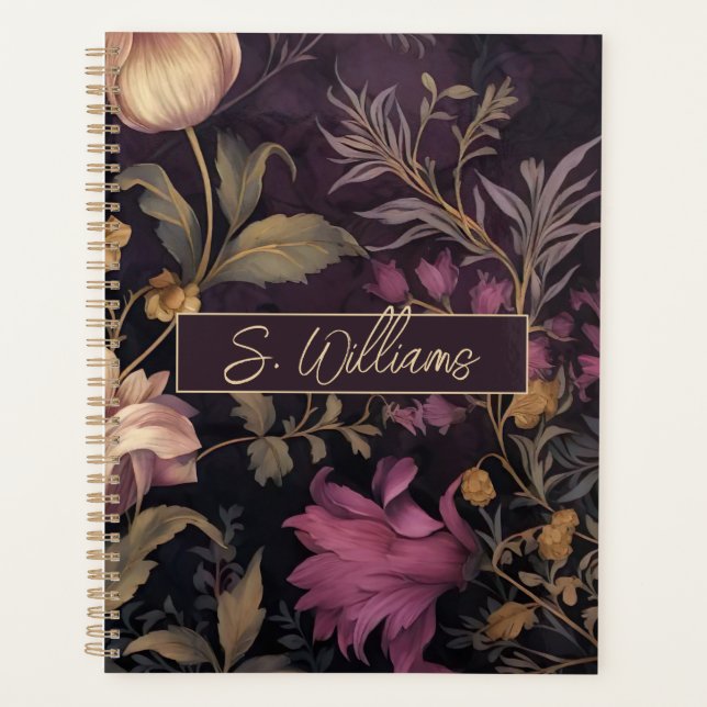 Agenda padrão elegante de flor escura com nome (Frente)