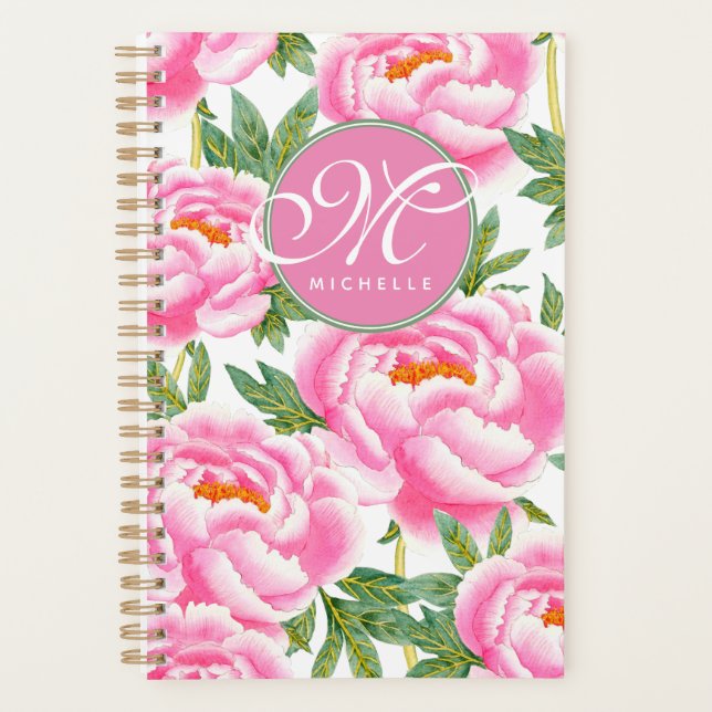 Agenda Padrão Elegante de Peões Rosa - Monograma (Frente)
