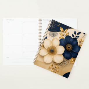Agenda Padrão Floral Botânico Azul Naval e Dourado Elegan