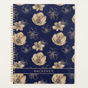 Agenda Padrão Floral de Folha Azul de Marinho Chic