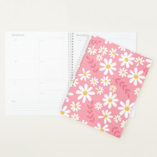 Agenda Padrão Floral de Margaridas Rosa e Branco Fofo e S