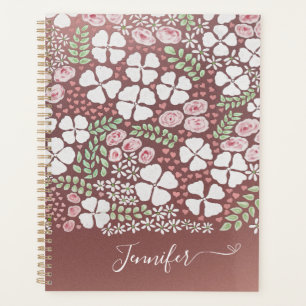 Agenda Padrão Floral de Rosas Cor-de-Rosa Blush Douradas,