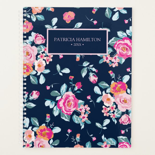 Agenda Padrão Floral de Rosas Rosa Vibrantes (Frente)