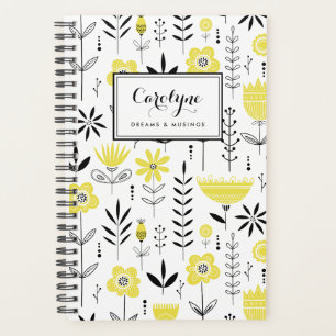 Agenda Padrão Floral Escandinavo Preto e Amarelo