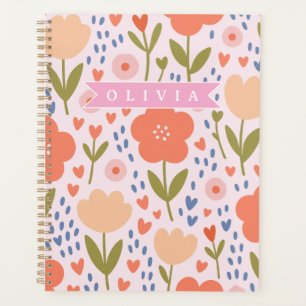 Agenda Padrão floral folk fofo nórdico rosa personalizado