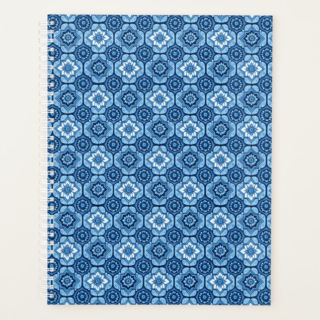 Agenda Padrão Floral Geométrico Azul Elegante (Frente)