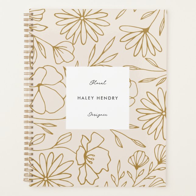 Agenda Padrão Floral Minimalista Moderno Dourado Rosa (Frente)