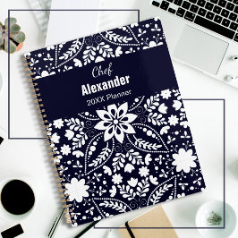 Agenda Padrão Floral Nórdico de Folk Azul-Marinho Elegant
