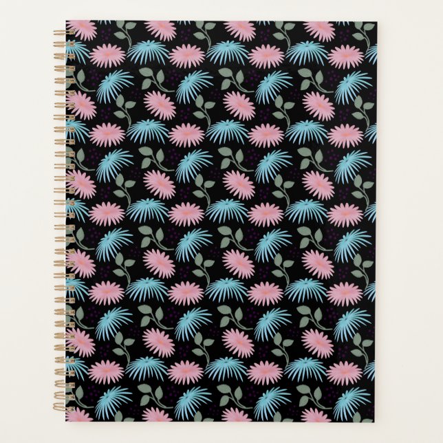 Agenda Padrão Floral Pastel em Fundo Preto | Cute D (Frente)