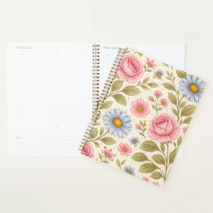 Agenda Padrão Floral Vintage com Rosas e Margaridas