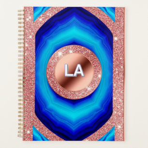 Agenda Padrão Geométrico Azul Abstrato com Dourado Rosado