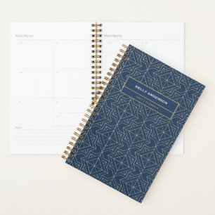 Agenda Padrão Geométrico Dourado Azul Elegante  