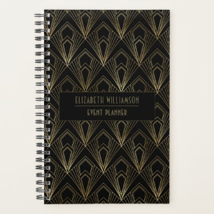 Agenda Padrão Geométrico Elegante Art Deco Preto e Doura