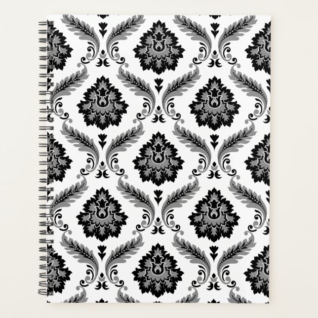 Agenda Padrão Rococó Damask Cinza Preto Branco (Frente)