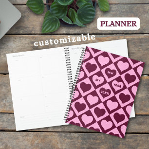 Agenda Padrão Xadrez Coração Personalizado Rosa Bordeaux