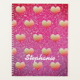 Agenda Padrões de Corações Rosa Dourado Monogramas Glitte
