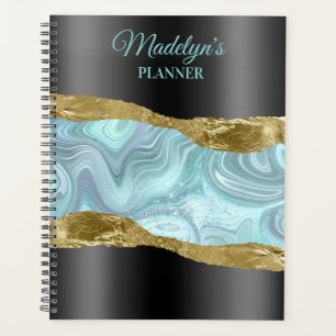 Agenda Papel preto e Dourado rasgado e espirais azuis de