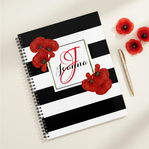 Agenda Papoulas Vermelhas em Fundo Listrado Preto e Branc