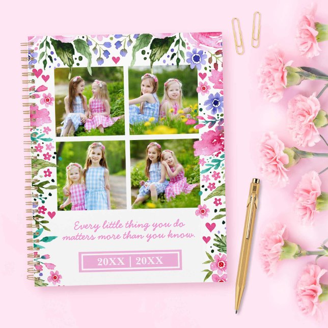 Agenda Para Mãe 4 Foto Colagem Aquarela Florais (For Mom 4 Photo Collage Watercolor Florals Planner)