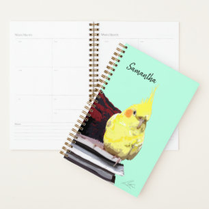 Agenda Pássaro Cockatiel Realista Empolgado na Pintura d