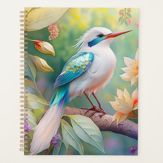 Agenda Pássaro Fantasia Branca, Iridescente, Teal Wing (Frente)