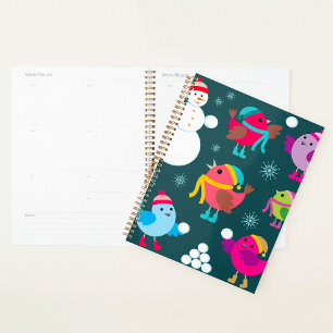 Agenda Pássaros de inverno brincando em neve com boneco d