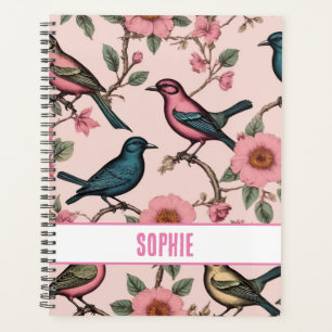 Agenda Pássaros florais botânicos com padrão personalizad