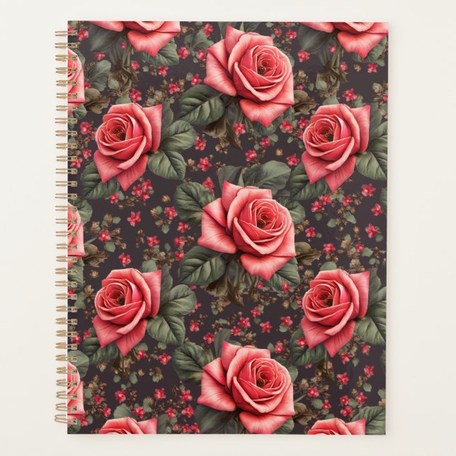 Agenda Pasta de trabalho com um belo padrão de rosa (Frente)