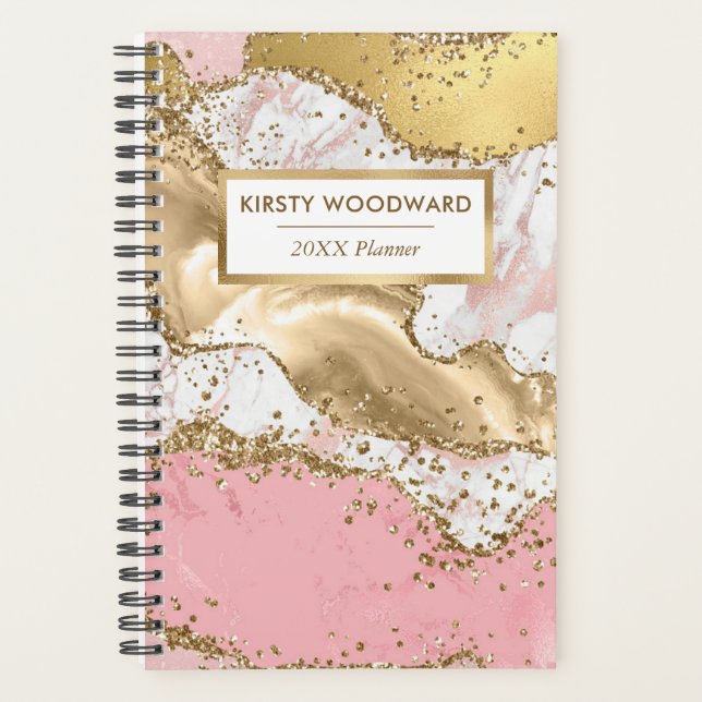 Agenda Pastel Rosa e Branco Faux Agitar Luminoso Dourado (Frente)