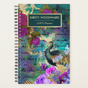 Agenda Pavão floral em azul-petróleo, rosa e dourado vint