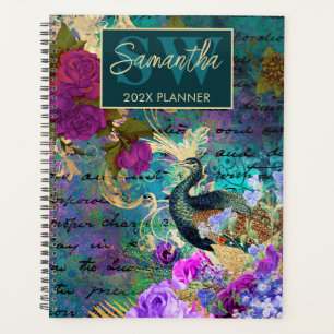 Agenda Pavão floral em azul-petróleo, rosa e dourado vint