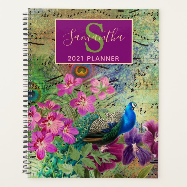 Agenda Pavão floral verde, rosa e Dourado (Frente)