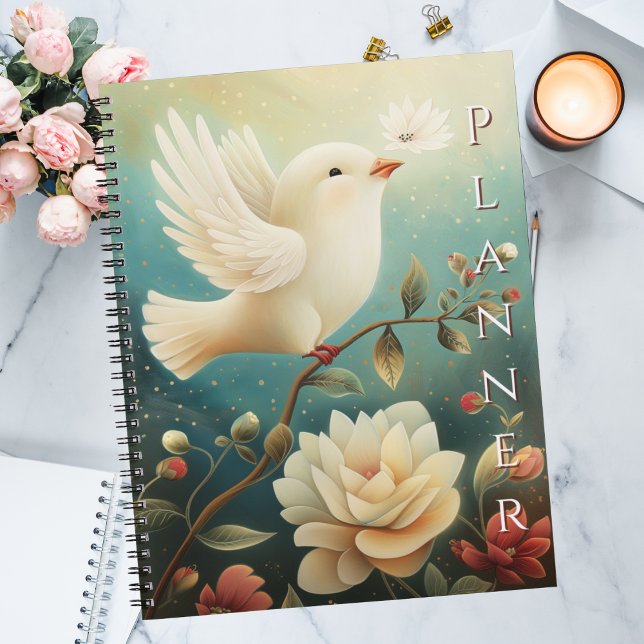 Agenda Paz Elegante Pombo Branco & Floral  (Monthly undated planner with calming botanical artwork, office supplies that inspire serenity.)