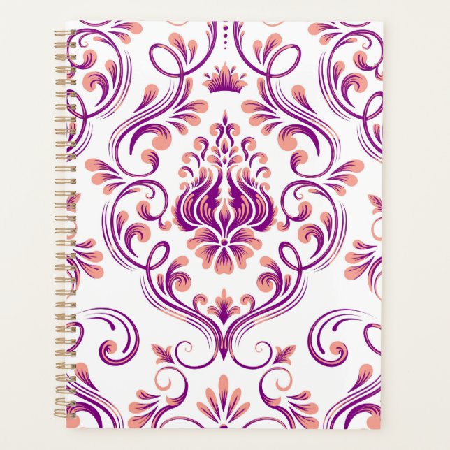 Agenda Peach e Damasco Roxo Padrão Floral Elegante (Frente)