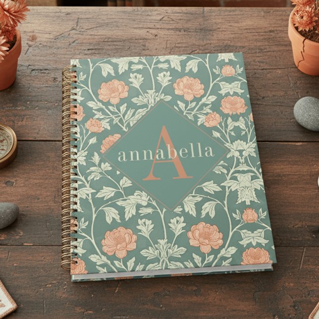 Agenda Peach Floral William Morris Elegant Monogram (Criador carregado)