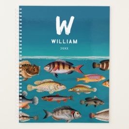 Agenda Peixe Colorido Monograma Sob Oceano Azul
