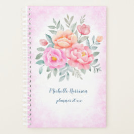 Agenda Peonas de Aquarela Rosas Pêssego Rosa Floral