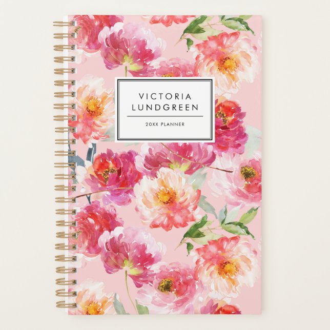 Agenda Pêonias Cor de Água Chic Rosa Padrão Floral Person (Frente)