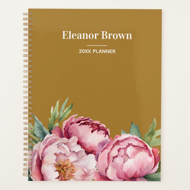 Agenda Peonis de Aquarela Elegante, Rosa e Amarelo, Perso (Frente)