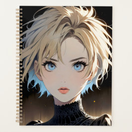 Agenda personagem animado com olhos azuis e camisa preta